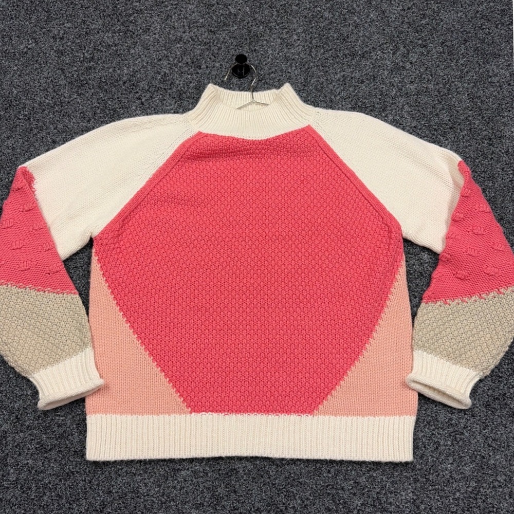 LOFT Sweater Women XL Pink Colorblock Mock Neck Bobble Knit Raglan Pullover